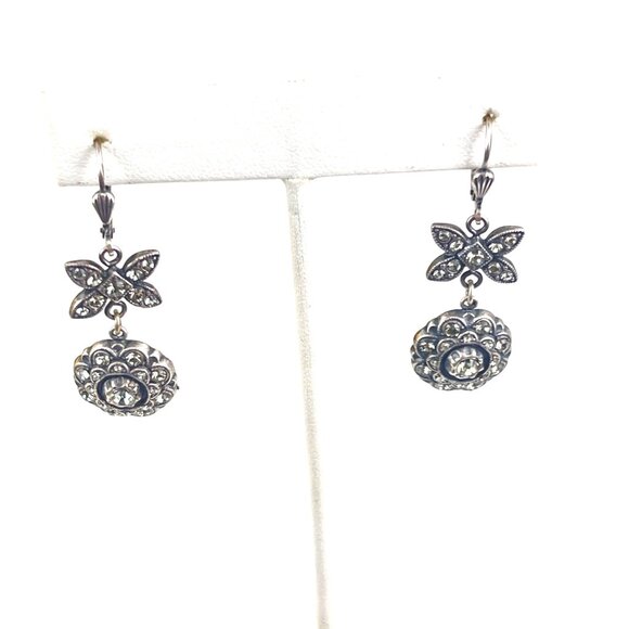 Vintage Sterling Silver Crystal Floral & Butterfly Dangle Earrings - Picture 5 of 7